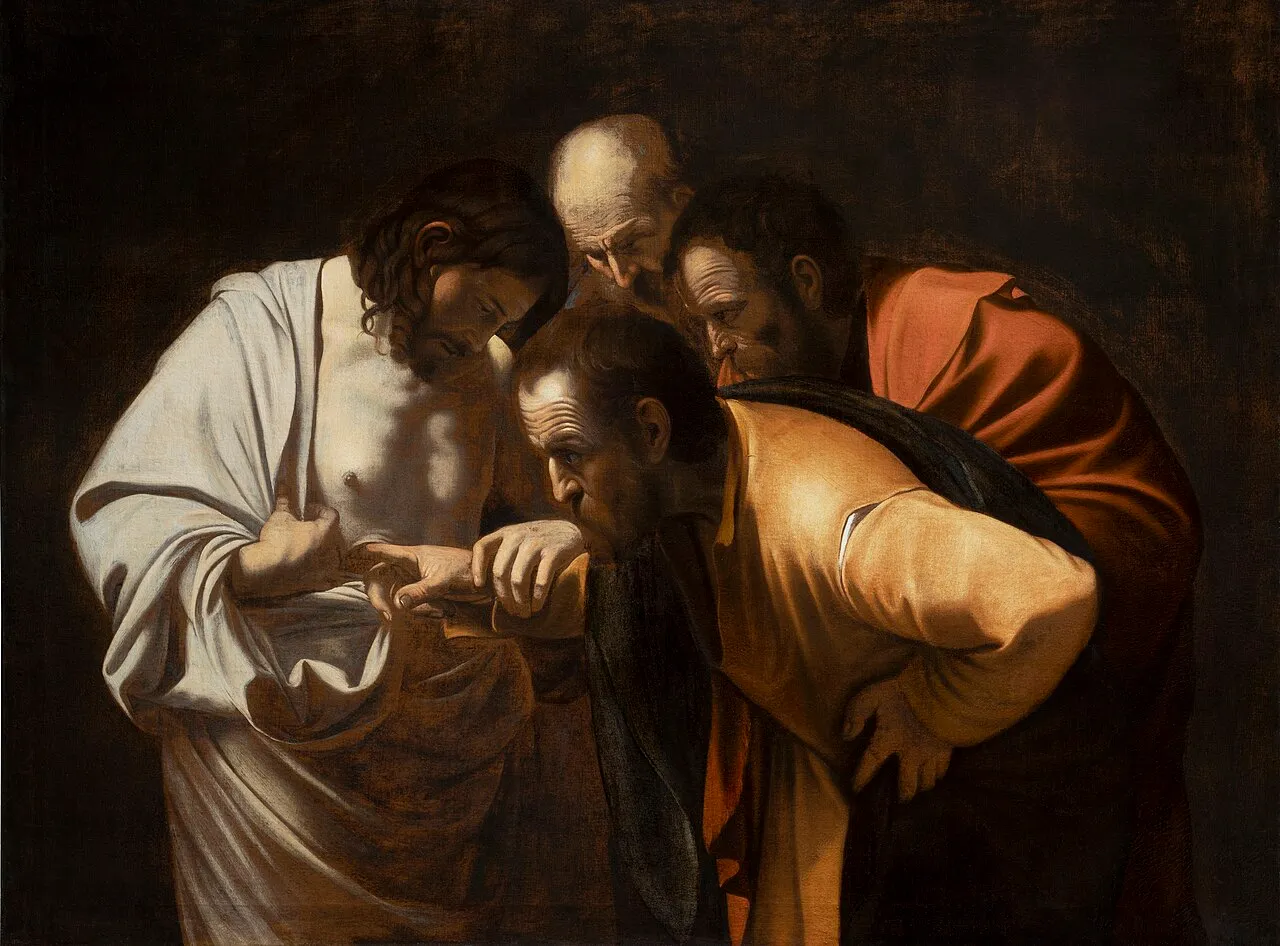 Christus zeigt dem Apostel Thomas seine Seitenwunde; zwei weitere Apostel beugen sich als Zeugen über die Wunde.