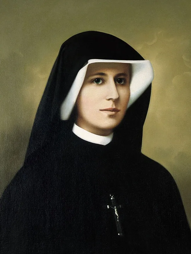 Porträt der heiligen Faustina Kowalska im schwarzen Ordenshabit mit weißer Haube und einem Kreuz auf der Brust.